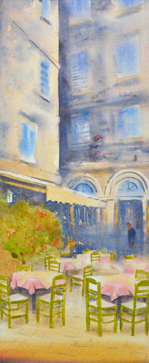 Small restaurant with green chairs Corfu Greece 23x54cm 2023 by Nenad Kojic watercolorist