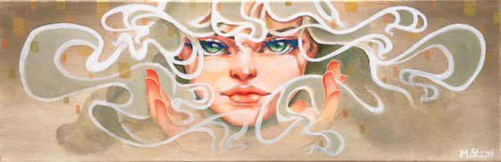 magick pop surrealism painting: "we'll know when we wake up", 20 x 60 cm