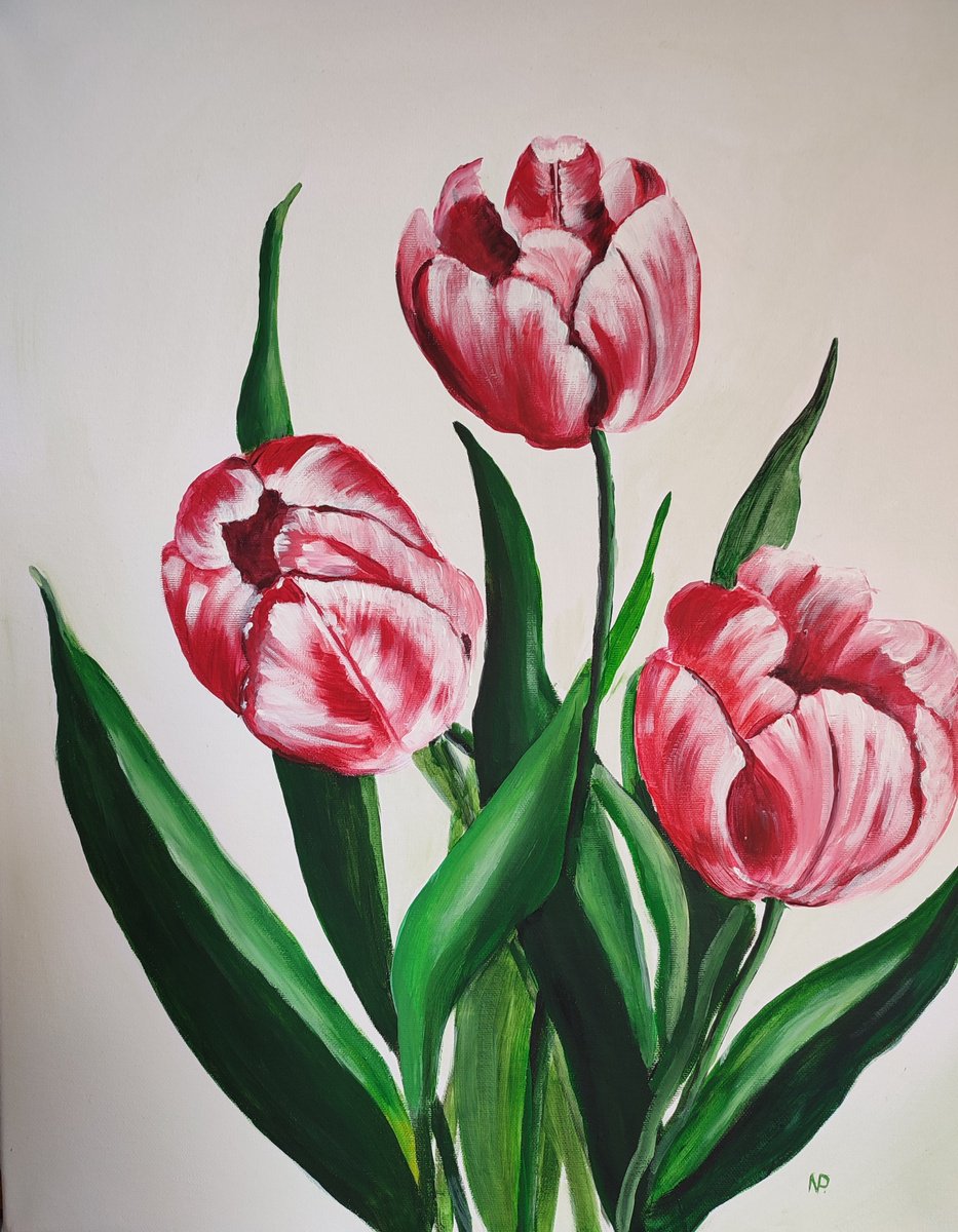 Impressionistic Botanical Acrylic Painting By Nataliia Plakhotnyk, 18 X 22", Tulips, Original Artwork