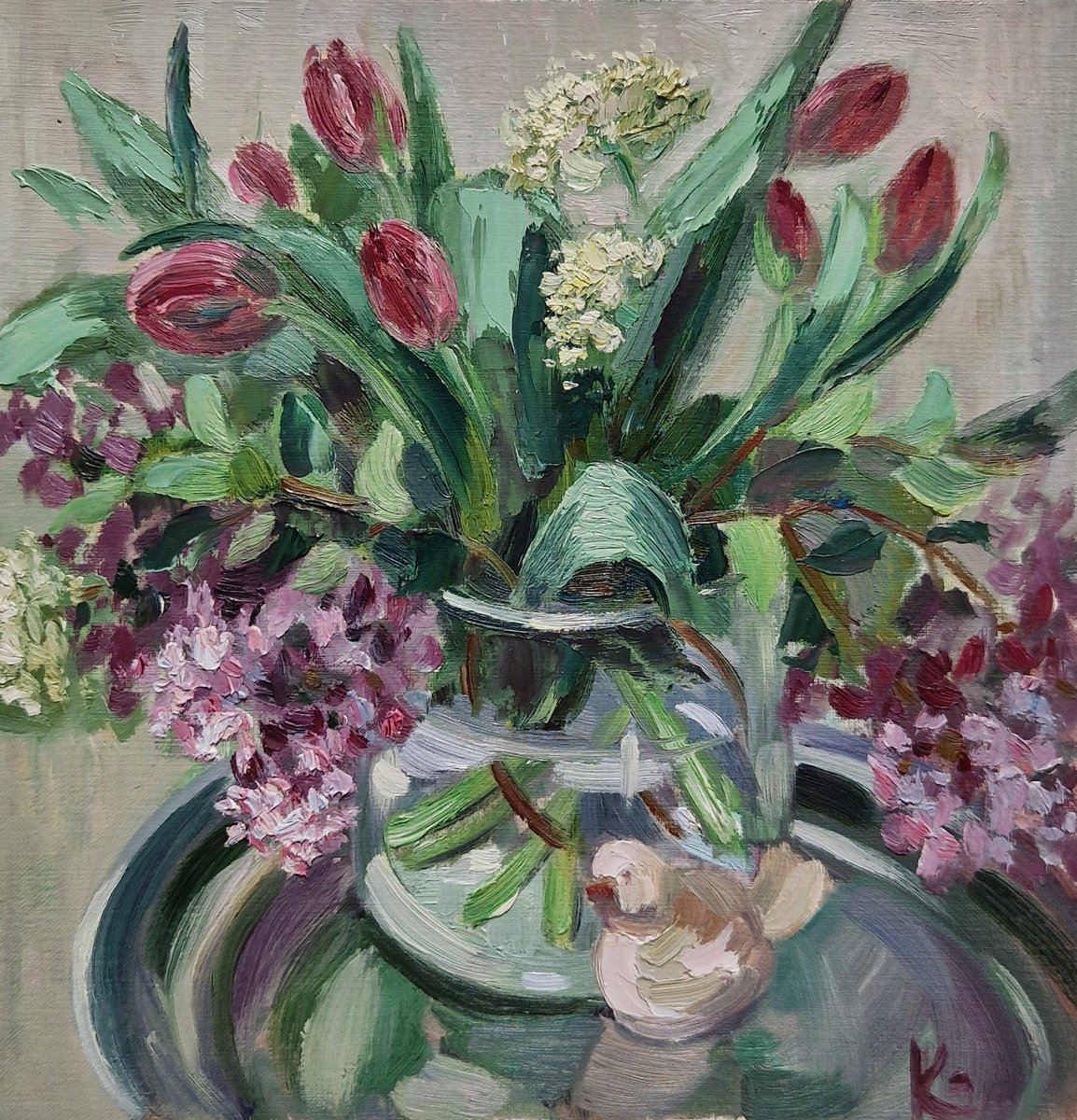 Impressionistic Botanical Oil Painting By Olena Kolotova, 12 X 12", "Ttulips And Lilacs", Original Artwork