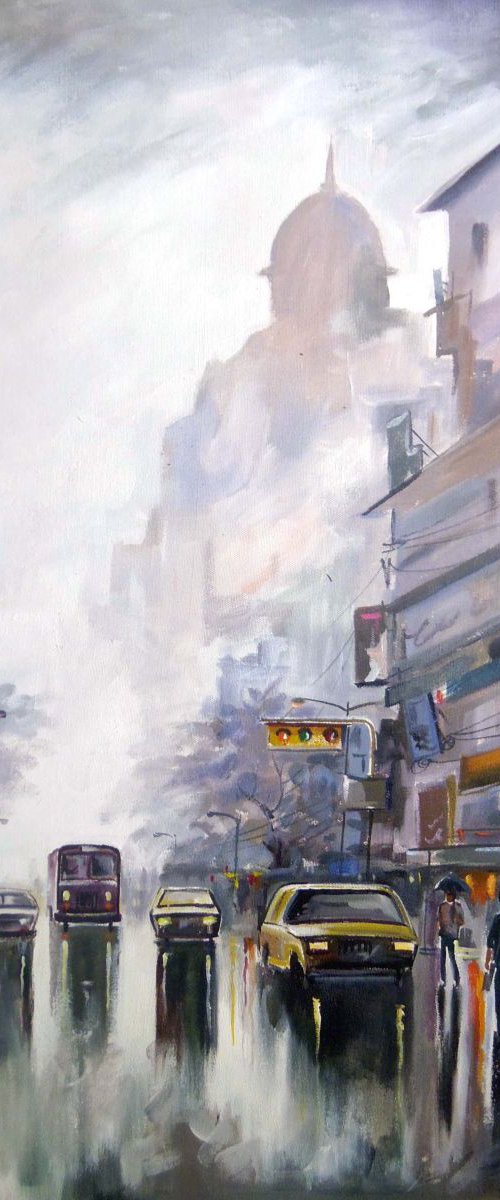 City Street at Rainy day-Acrylic on canvas painting by Samiran Sarkar
