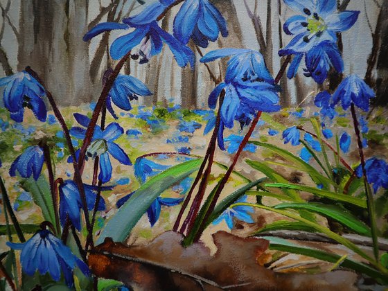 Blue Flowers Woods Art, Hyper Realistic Painting