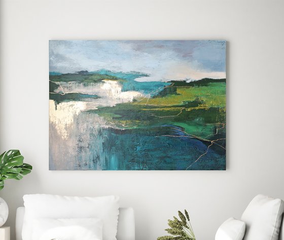 "North" Green and gold abstract acrylic art