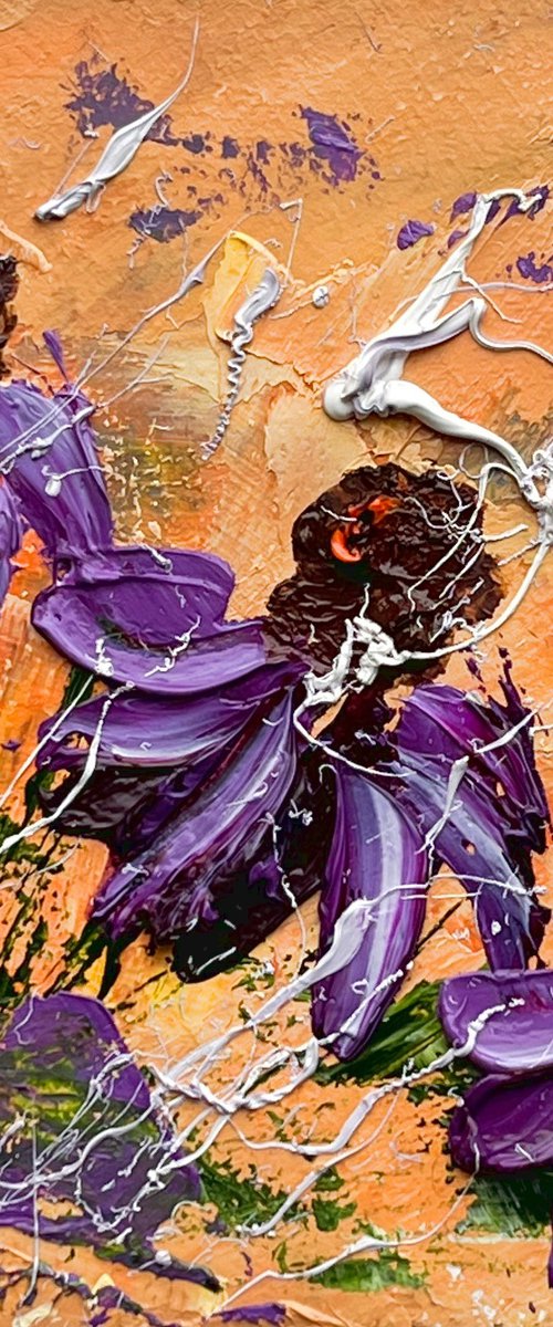 Coneflowers Painting Impasto Original Art Floral Artwork Flower Wall Art 4 by 4" by Halyna Kirichenko