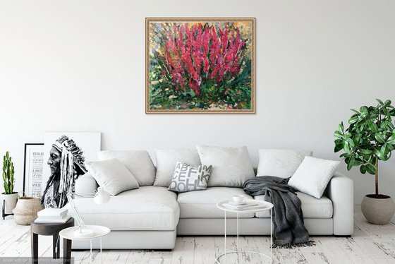 FLOWERBED - Floral art, landscape, original painting, oil on canvas, flowers in the garden, nature,  red summer flowerbed, bloom, interior art home decor, gift