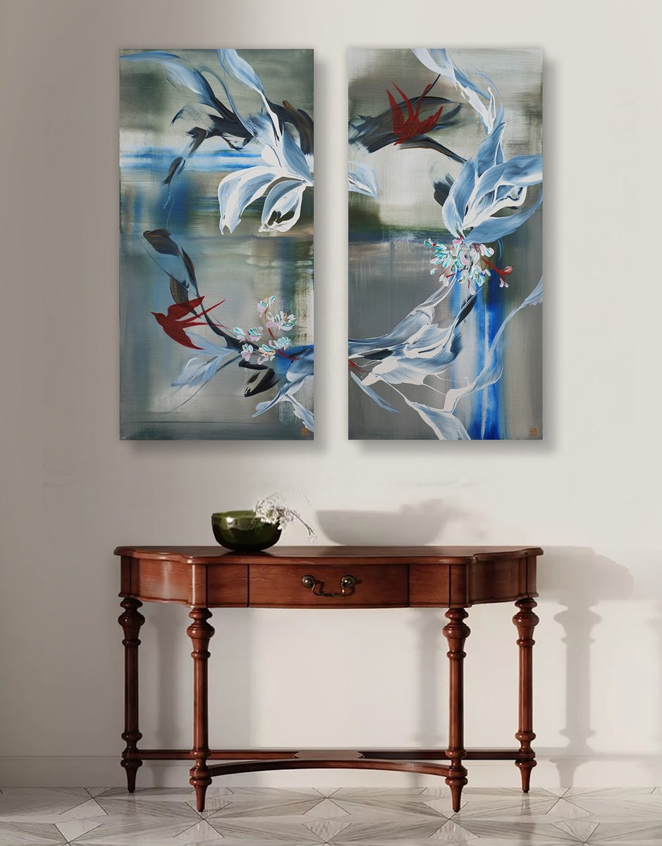Abstract Acrylic Painting By Novi Lim, 50 X 48", Where Swallows Dance Diptych, Original Artwork