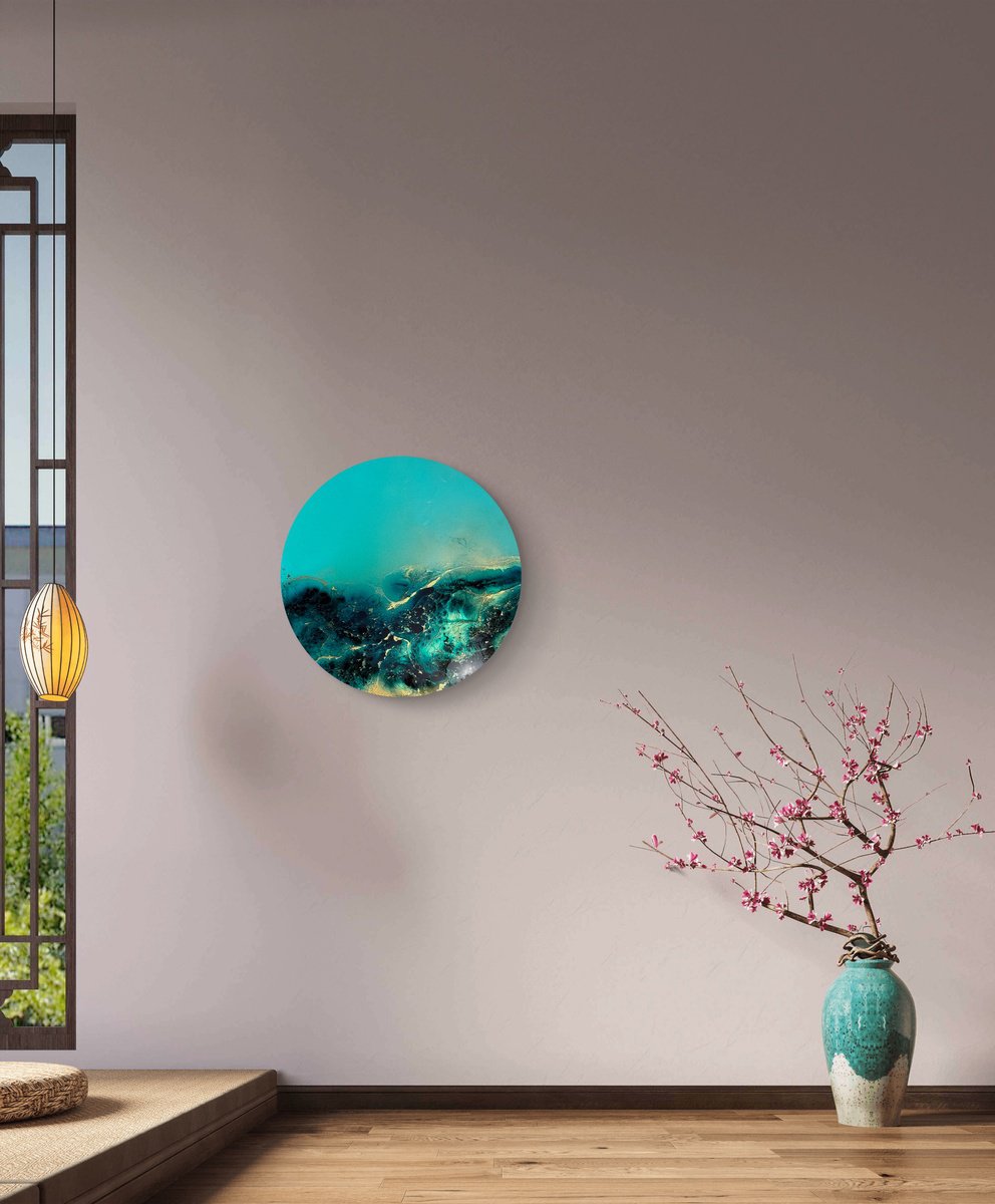 Organic Landscape Acrylic Painting By Ana Hefco, 20 X 20, Golden Halo, Blue Depth #3, Original Artwork