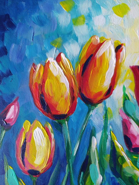 Spring - flowers, tulips artylic, acrylic painting,  flowers, still life, flowers of tulips, flowers acrylic