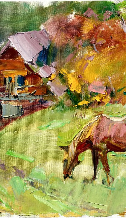 Moments of autumn in the mountains | Landscape with a horse and a house | A la prima etude | Original oil painting by Helen Shukina