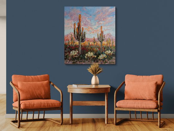 Cacti in the Desert at Sunset