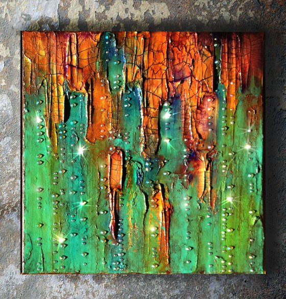 Abstract painting, mixed media canvas, called Emerald City#2 made with glass, rhinestone, acrylic. Heavy textured, small canvas
