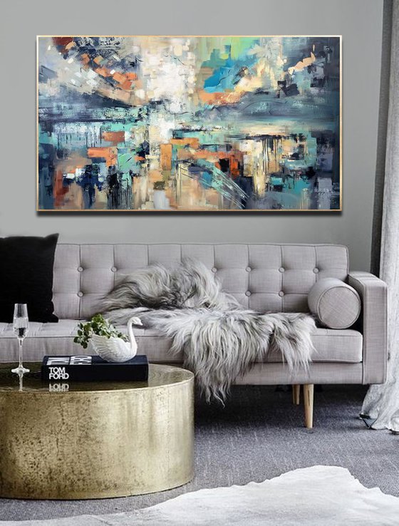 Shining Light - Extra Large Abstract Painting 71" x 40" , Oversize Canvas, Gray, Blue Gold Leaf Soft Colors White Gray Painting