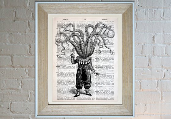 Octopus Astronomer - Collage Art Print on Large Real English Dictionary Vintage Book Page