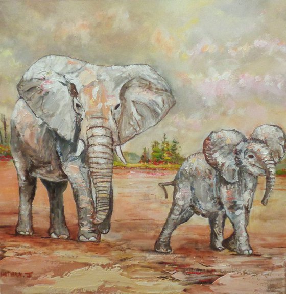 Mother is watching! Elephant oil painting