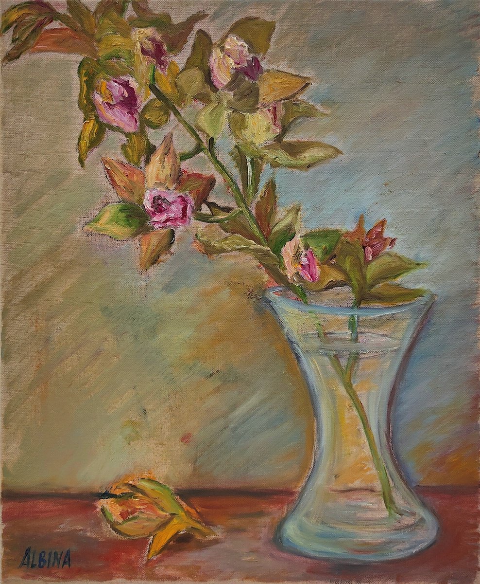 Impressionistic Still Life Oil Painting By Albina Urbanek, 15 X 18, Orchid, Original Artwork