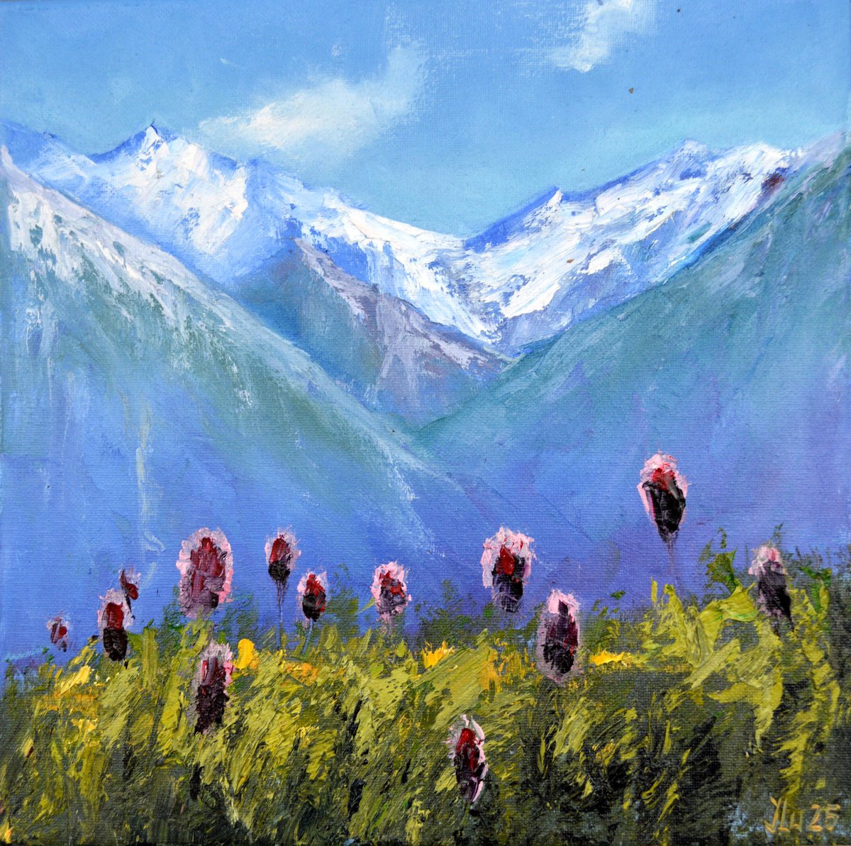 Impressionistic Landscape Oil Painting By Elena Lukina, 12 X 12, Mountain Herbs 30X30, Original Artwork
