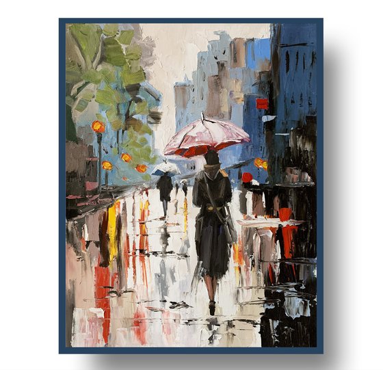 Woman in a rainy city.