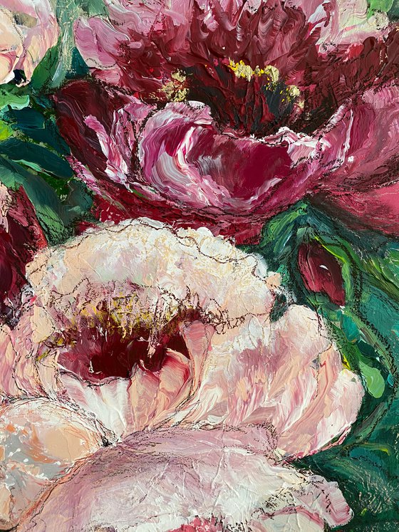 PEONIES ON EMERALD- original painting on canvas floral