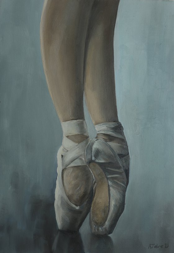 Ballet Feet in Grey, On Pointe Painting, Ballerina, Dance, Framed and Ready to Hang, Feet on Tip-Toes