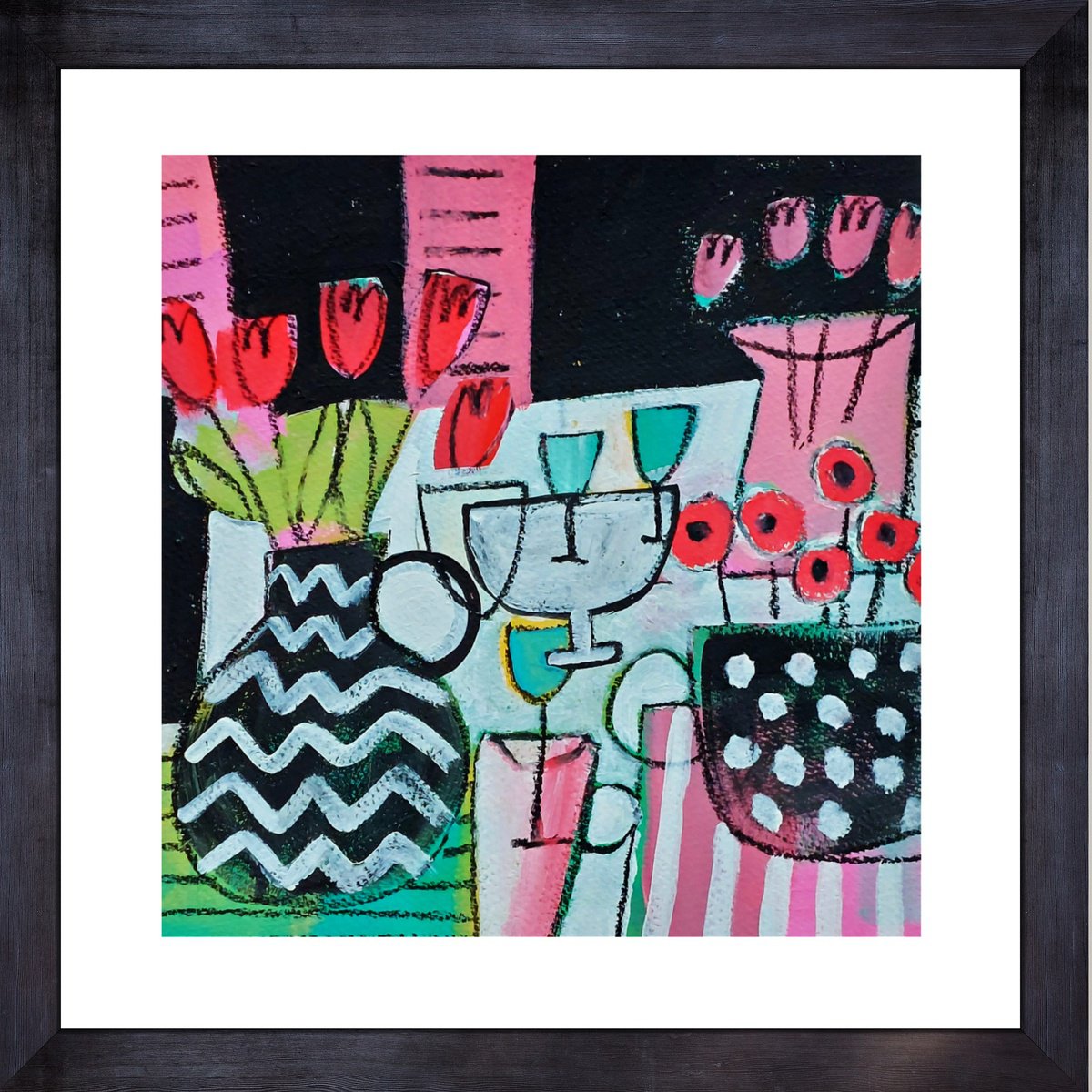 Abstract Still Life Acrylic Painting By Jan Rippingham, 11 X 12, Still Life With Tulips Ix, Original Artwork