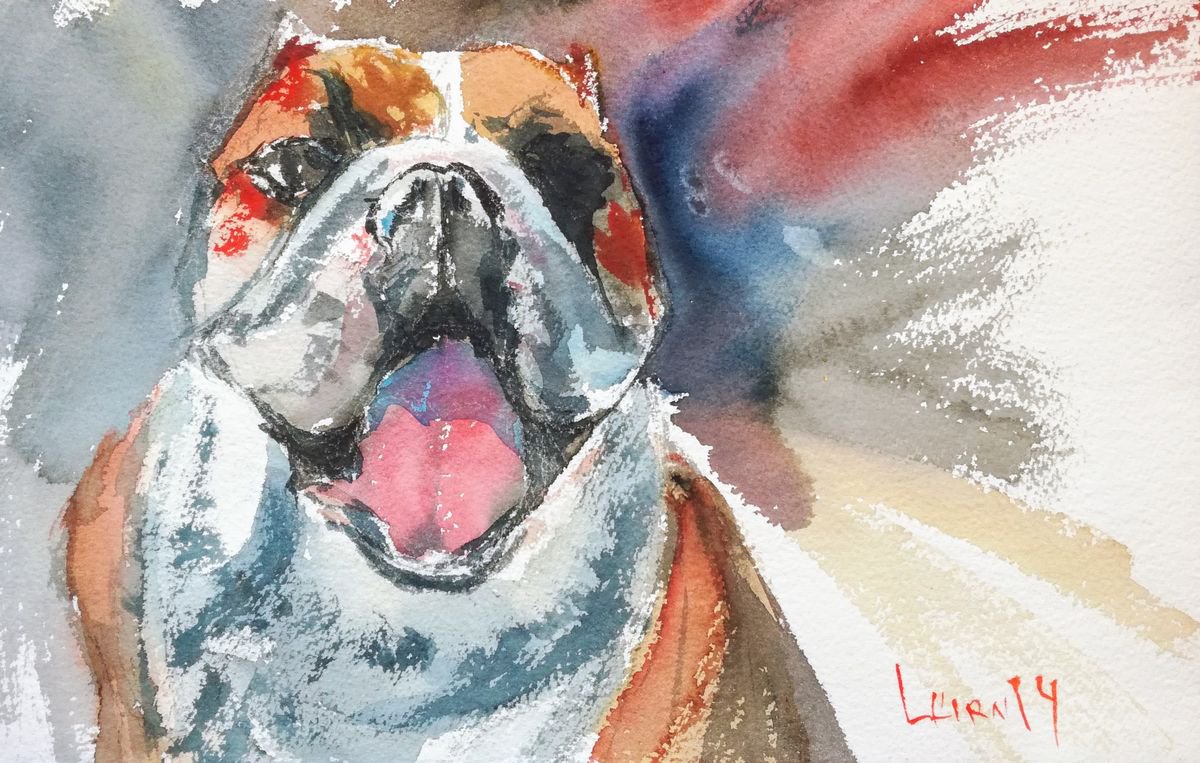 Impressionistic Animal Watercolour By Leonid Kirnus, 13 X 8", Betty The Bulldog, Original Artwork