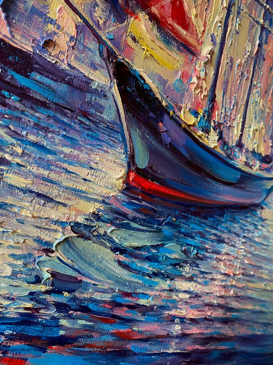 "Night harbor"Original Oil painting on canvas 70x50 cm