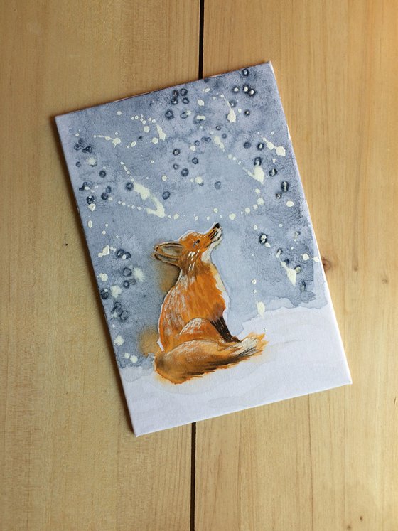 Fox portrait - Animal in the winter forest - Small watercolor on canvas - Framed artwork - Christmas gift idea