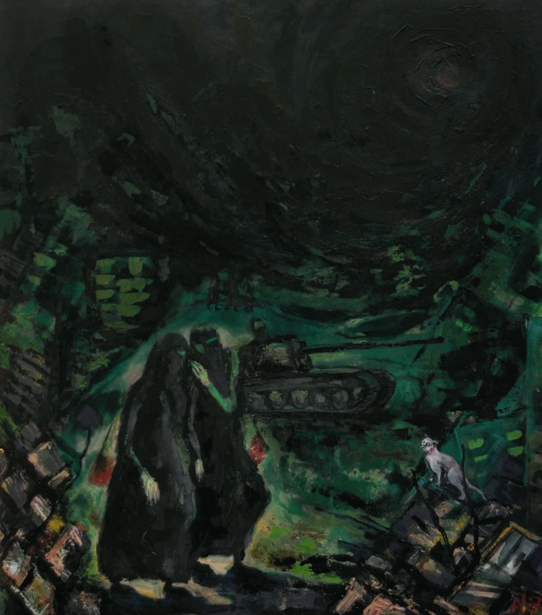 Expressive Cityscapes Acrylic Painting By Elisheva Nesis, 31 X 35, The Ten Plagues Of Egypt. Darkness, Original Artwork