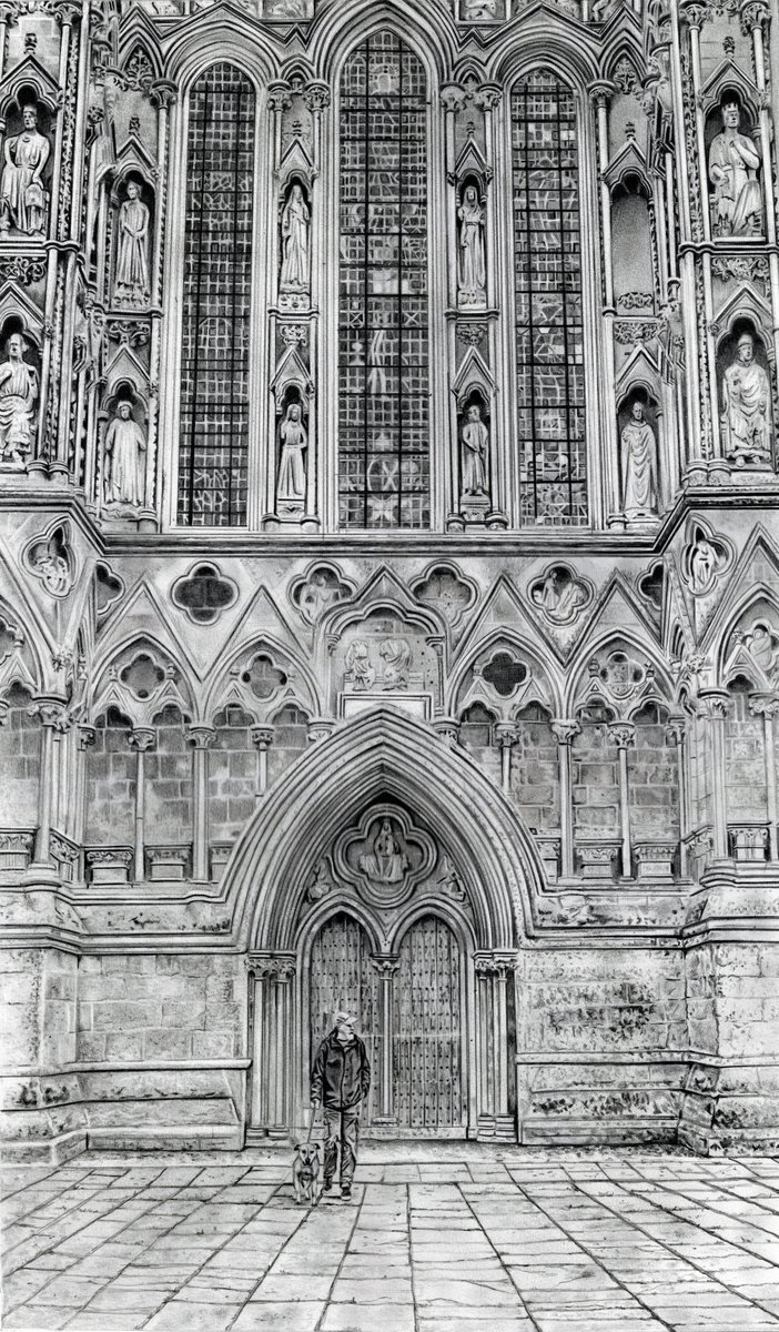Photorealistic Cityscapes Pencil Drawing By Shelley Ashkowski, 14 X 23", Dog Walker At Wells Cathedral, Original Artwork