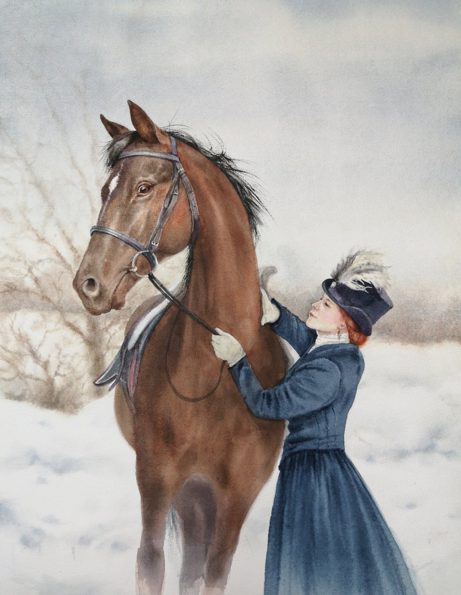 Beautiful Horsewoman - Victorian lady with her horse - Woman in a riding habit by Olga Beliaeva Watercolour