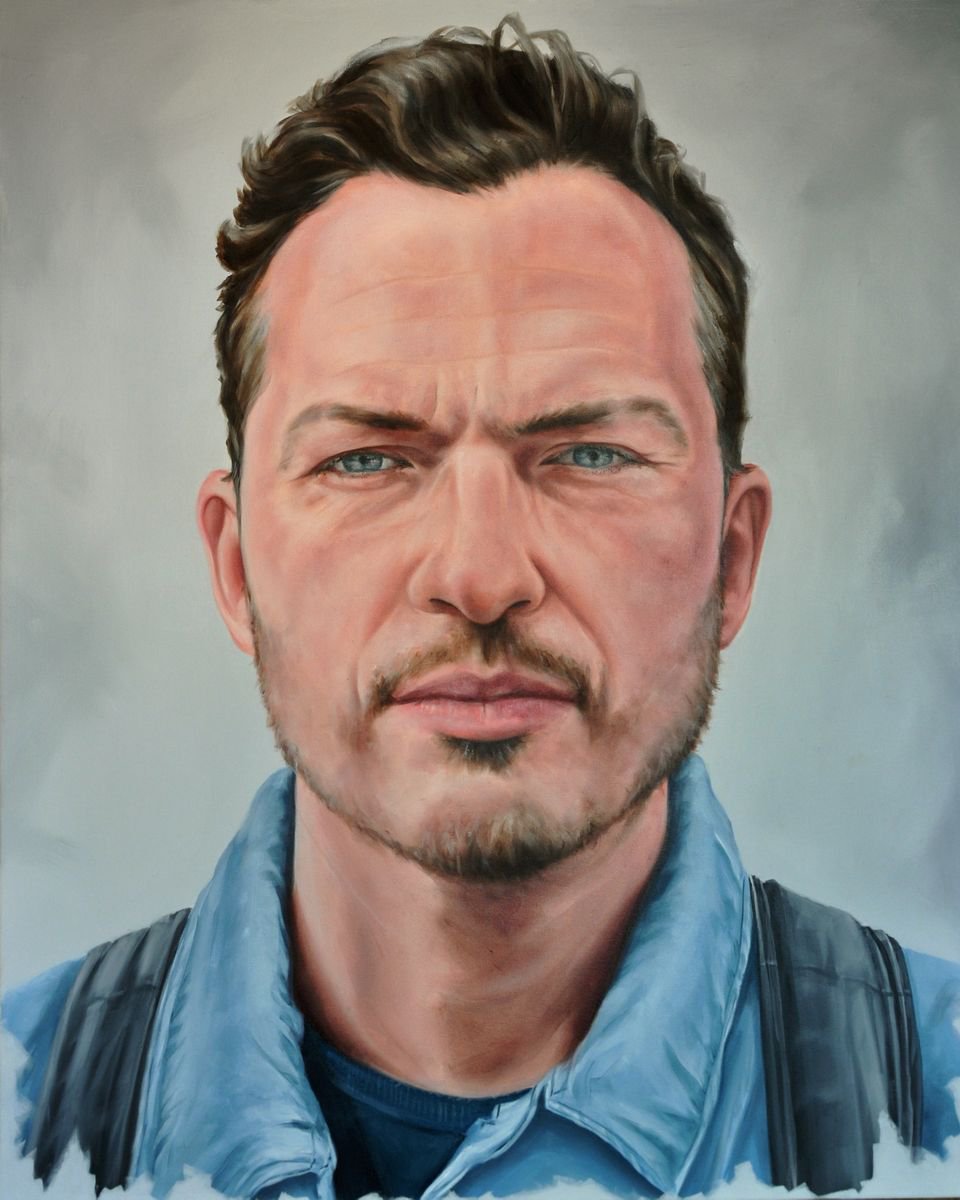 Urban And Pop Portrait Oil Painting By Mullo Art, 31 X 39", Man Between Heaven And Earth, Original Artwork