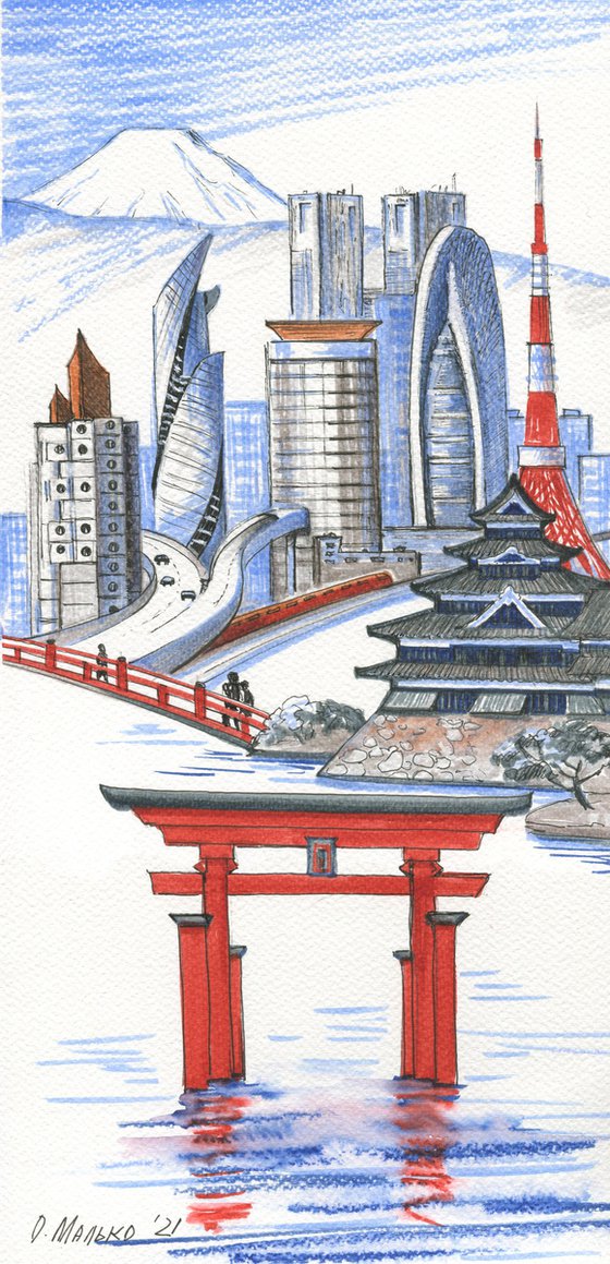 History and present together. Japanese landscape / ORIGINAL illustration. Architectural picture. Wall art decor.