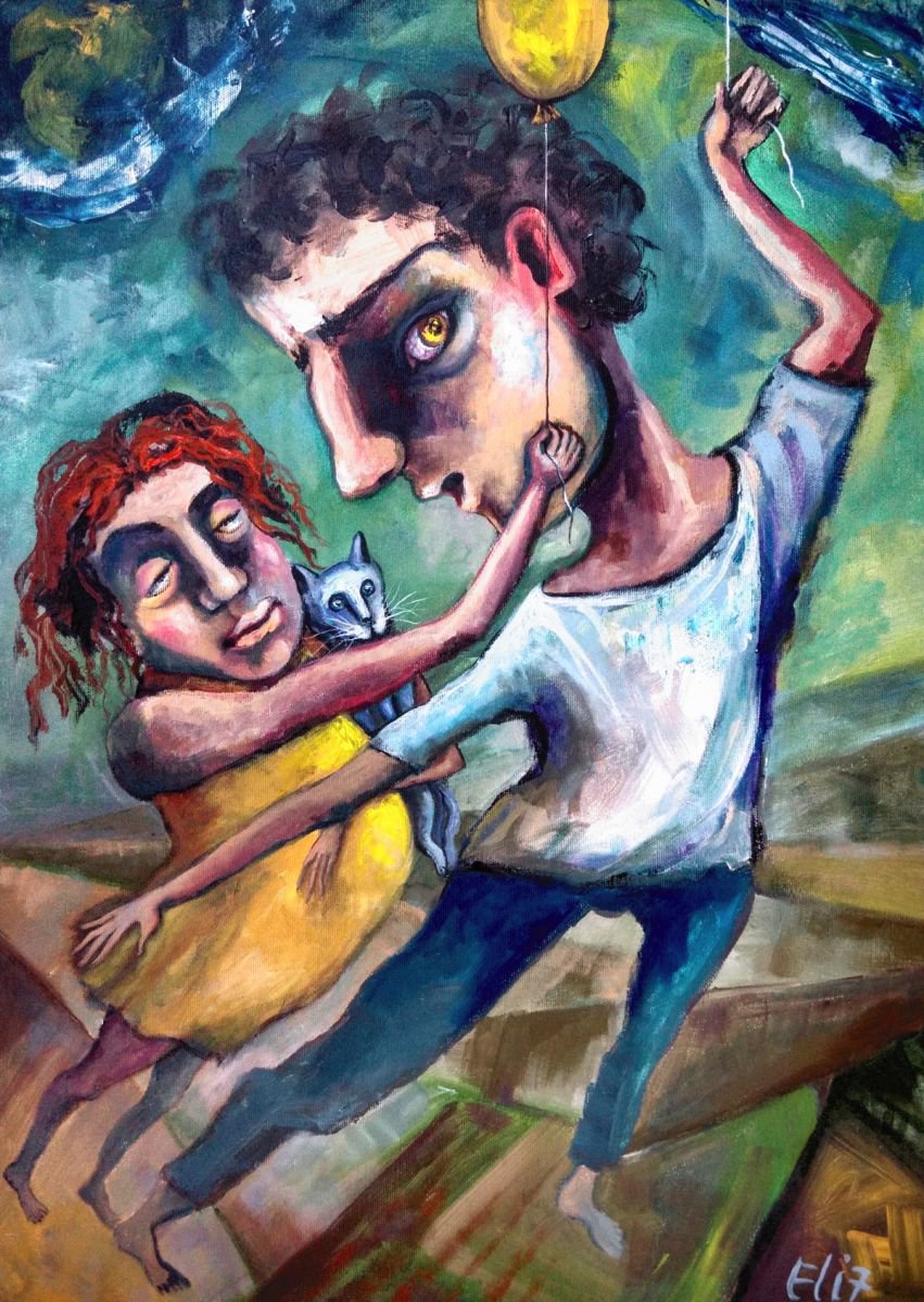 Expressive Portrait Acrylic Painting By Elisheva Nesis, 20 X 28, Wind Of Changes, Original Artwork