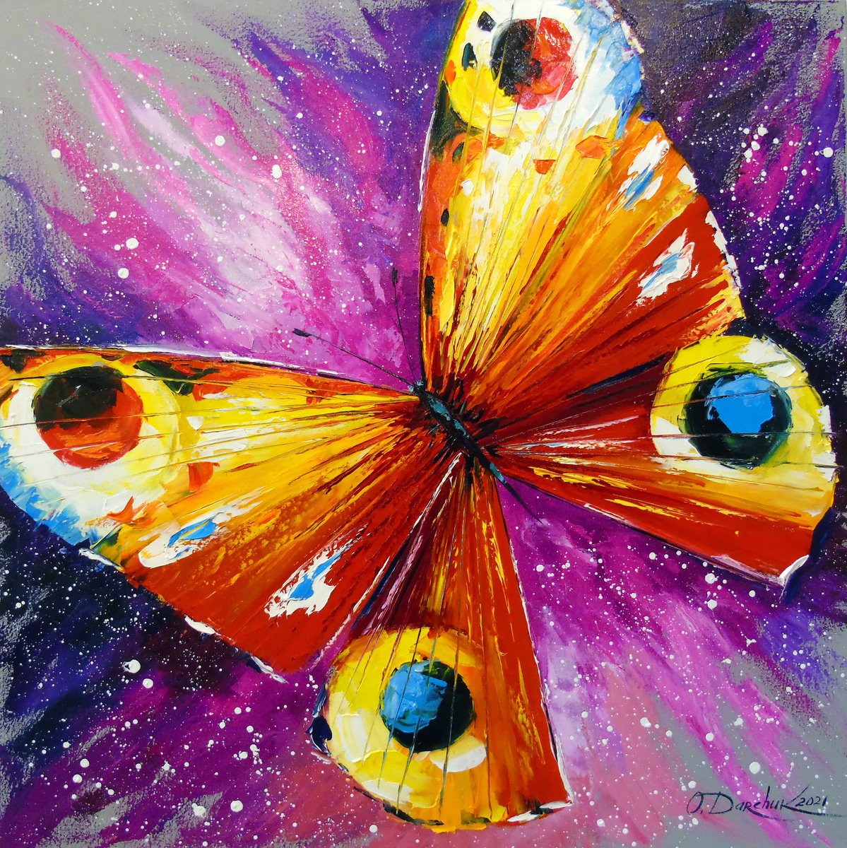 Impressionistic Animal Oil Painting By Olha Darchuk, 28 X 28", Butterfly In Flight, Original Artwork