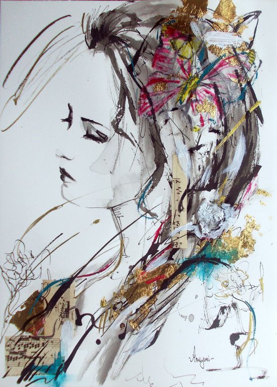 Winter's Poem- Portrait mixed media ink drawing