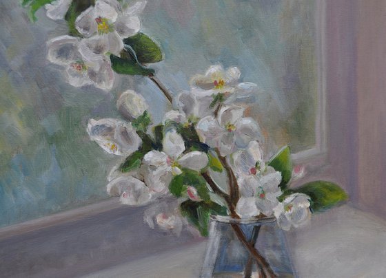 Spring flowers by the window original oil painting