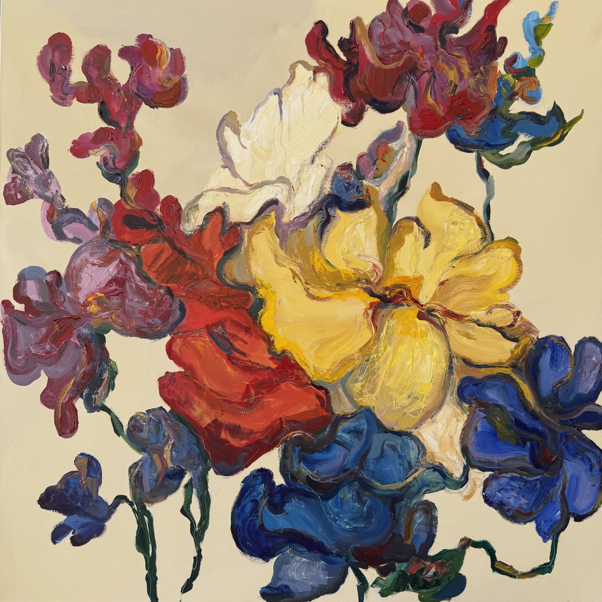 Abstract Still Life Oil Painting By Liubou Sas, 39 X 39", Flowers #5, Original Artwork