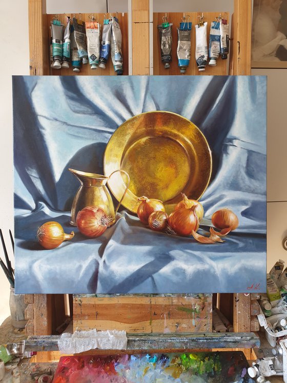 "Still life with golden onions. " still life liGHt original painting PALETTE KNIFE  GIFT (2021)