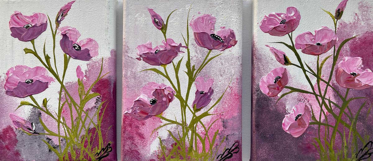 Pink Poppies on a Triptych by Marja Brown