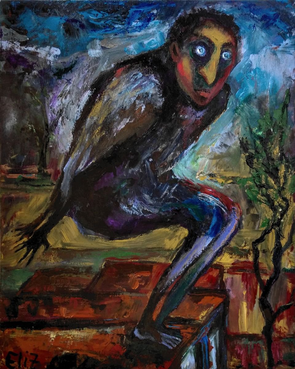 Expressive Portrait Acrylic Painting By Elisheva Nesis, 16 X 20, The Last Caw, Original Artwork