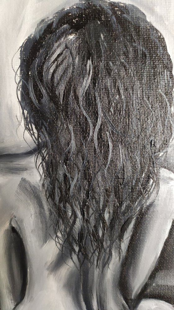 Morning meditation, nude erotic girl sitting oil painting, black and white art