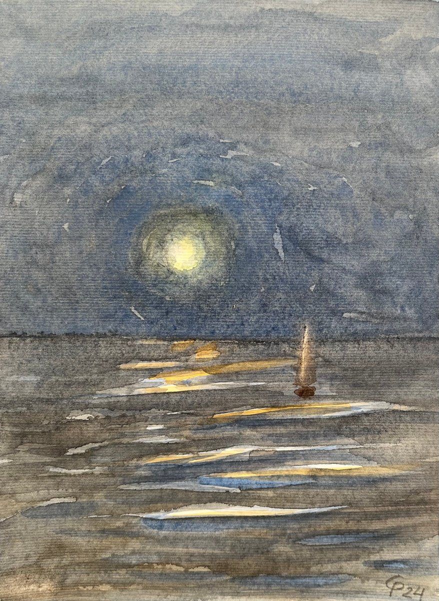 Moon and Boat watercolour artwork by Roman Sergienko