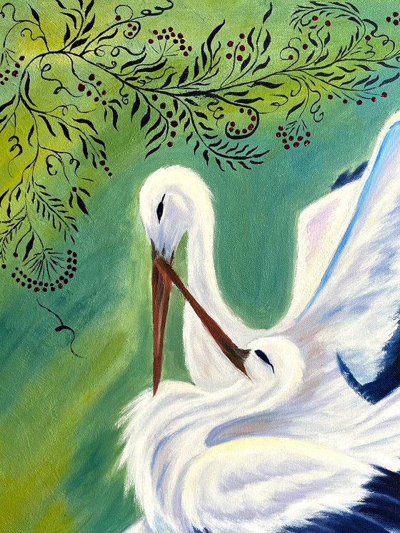 Storks Painting Birds Original Art Animal Oil Artwork Canvas Wall Art