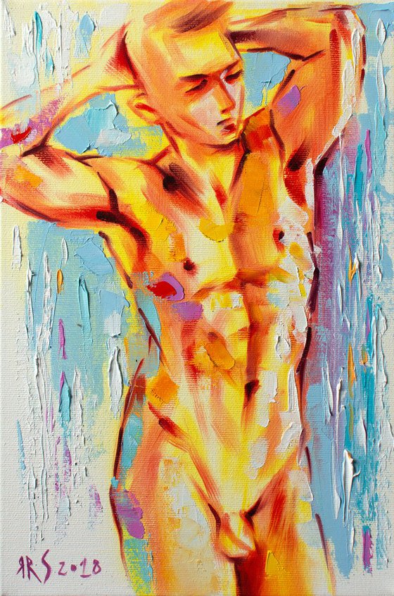 SUNNY BOY - Seaside Serenity: Vibrant Oil Painting Portrait of a Strong, Joyful, Handsome Young Man Embracing Life on the Seashore
