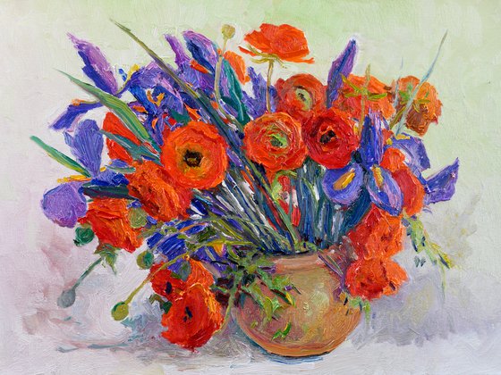 Orange Ranunculus and Blue Iris Flowers