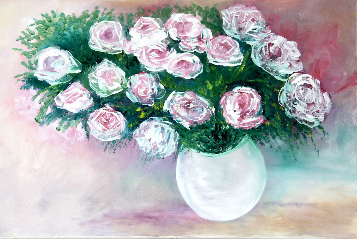 Royal roses in a vase painting on canvas by Olya Shevel