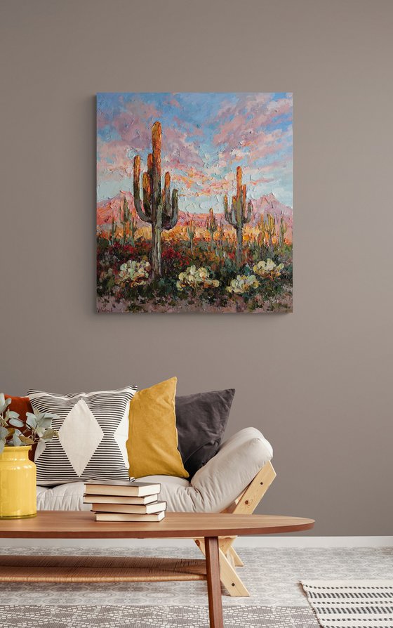 Cacti in the Desert at Sunset