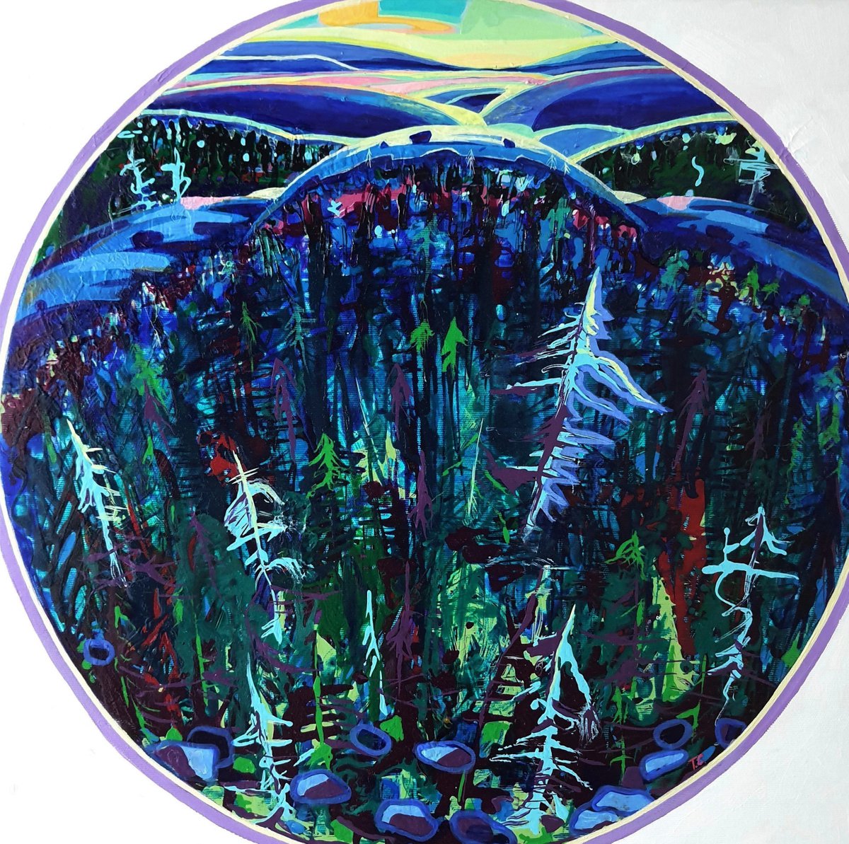 Abstract Landscape Acrylic Painting By Tanja Smirnova, 22 X 22", Northern Mandala, Original Artwork