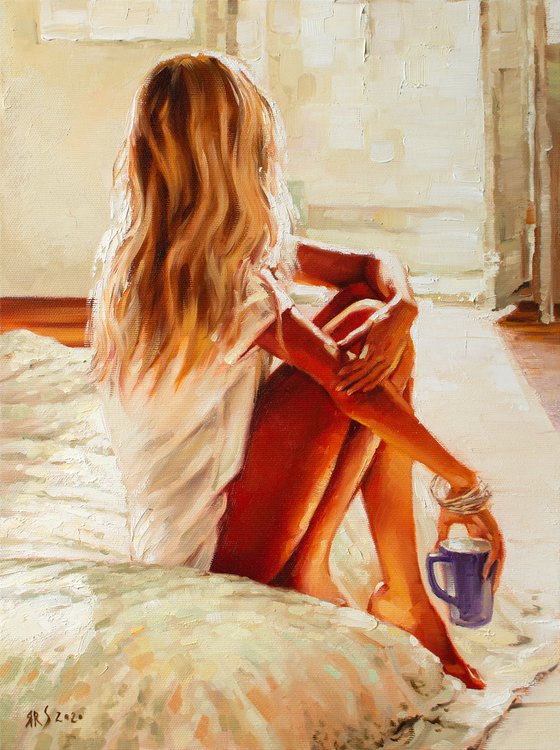Morning and Coffee by Yaroslav Sobol  (Modern Impressionistic Romantic Beautiful Girl Oil painting Gift)