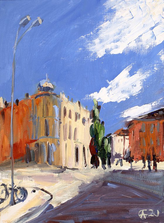 Salamanca street. Original oil painting. Small painting impression interior decor detail city spain salamanca